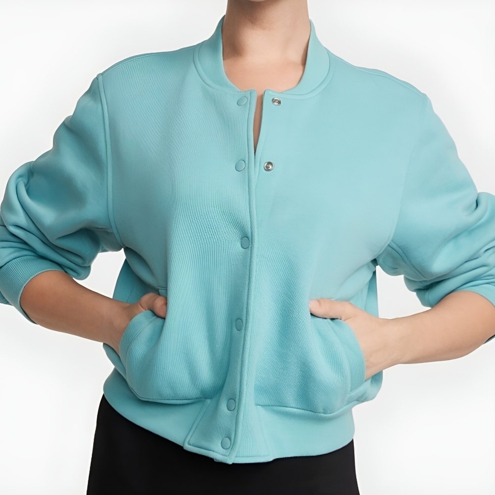 Victoria's Secret Fountain Blue Cotton Fleece Snap Bomber Jacket size XL